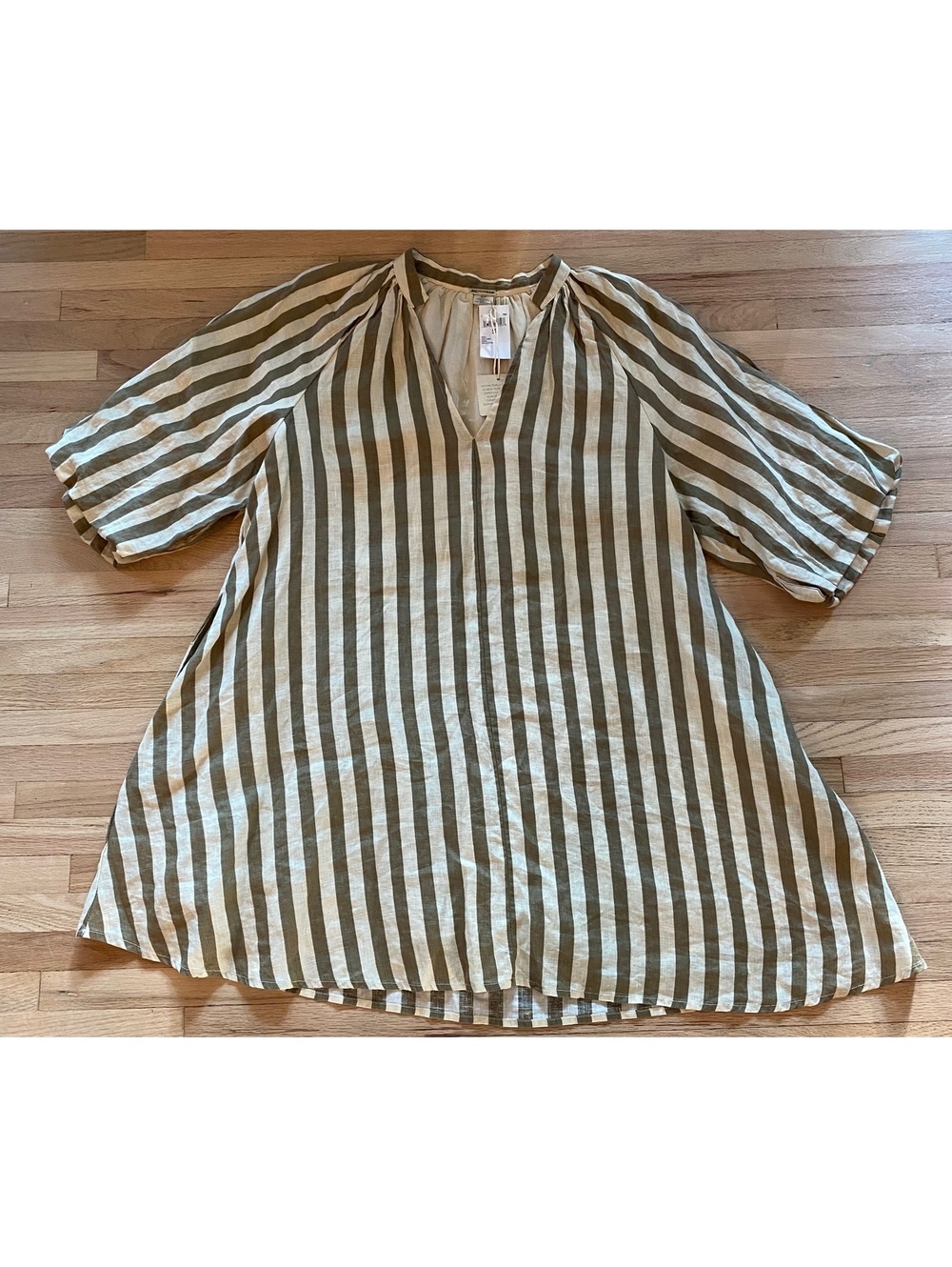 Magaschoni linen neutral stripe minimalist capsule Euro summer puff sleeve dress